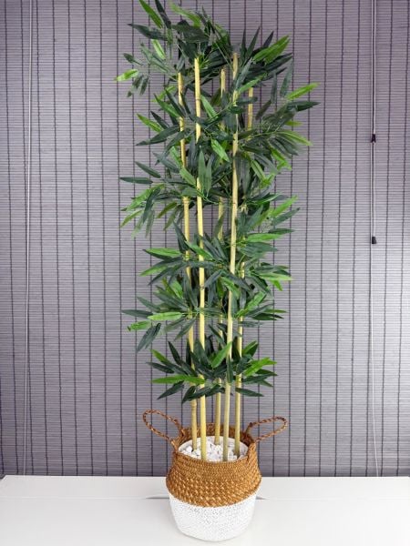 Bahçem Dekoratif Yapay Yapraklı 160cm 5 Gövde Katlanır Natural-Beyaz Hasır Bambu Sepetli Bambu Ağacı