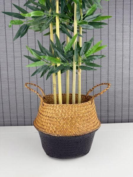 Bahçem Dekoratif Yapay Yapraklı 130cm 5 Gövde Katlanır Natural-Siyah Hasır Bambu Sepetli Bambu Ağacı