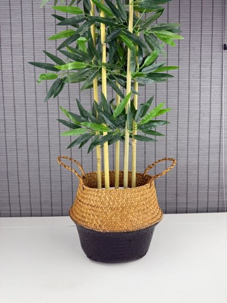 Bahçem Dekoratif Yapay Yapraklı 130cm 5 Gövde Katlanır Natural-Siyah Hasır Bambu Sepetli Bambu Ağacı