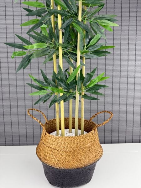 Bahçem Dekoratif Yapay Yapraklı 130cm 5 Gövde Katlanır Natural-Siyah Hasır Bambu Sepetli Bambu Ağacı