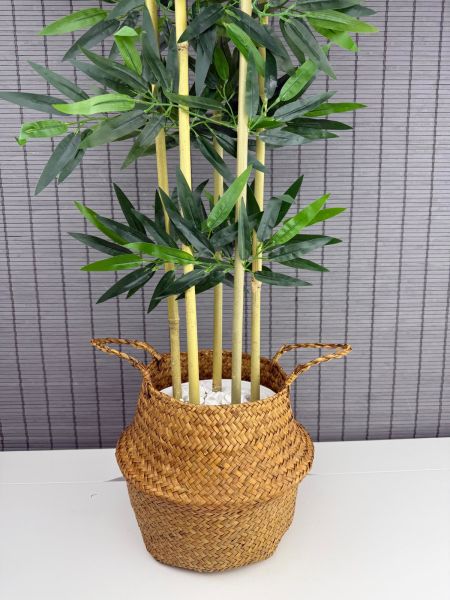 Bahçem Dekoratif Yapay Yapraklı 130cm 5 Gövde Katlanır Natural Hasır Bambu Sepetli Bambu Ağacı