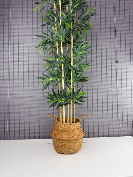 Bahçem Dekoratif Yapay Yapraklı 130cm 5 Gövde Katlanır Natural Hasır Bambu Sepetli Bambu Ağacı