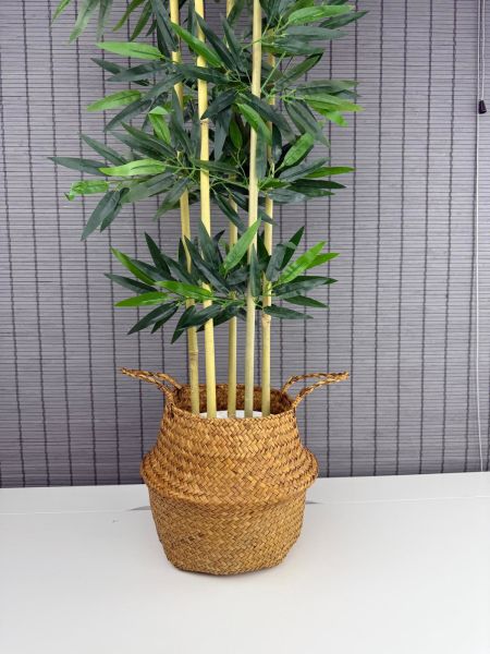 Bahçem Dekoratif Yapay Yapraklı 130cm 5 Gövde Katlanır Natural Hasır Bambu Sepetli Bambu Ağacı