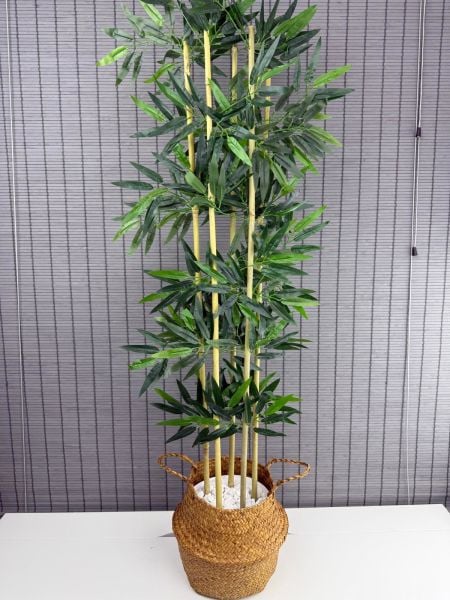 Bahçem Dekoratif Yapay Yapraklı 130cm 5 Gövde Katlanır Natural Hasır Bambu Sepetli Bambu Ağacı