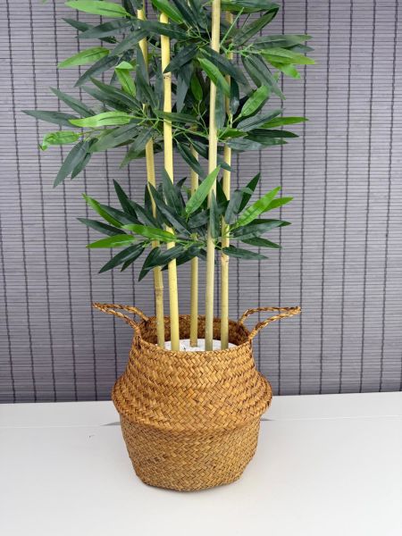 Bahçem Dekoratif Yapay Yapraklı 130cm 5 Gövde Katlanır Natural Hasır Bambu Sepetli Bambu Ağacı