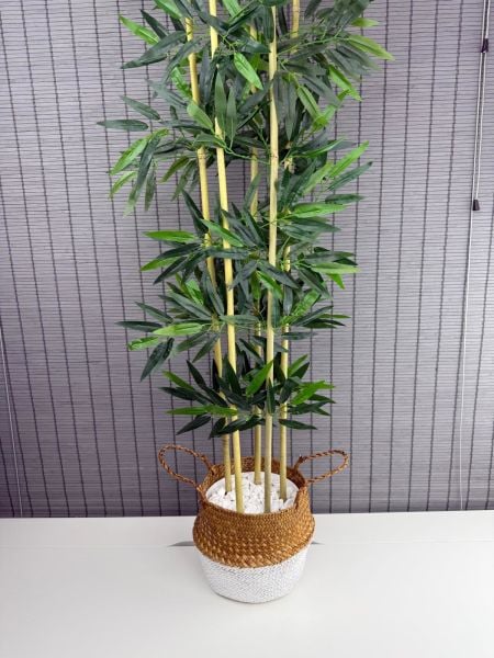 Bahçem Dekoratif Yapay Yapraklı 130cm 5 Gövde Katlanır Natural-Beyaz Hasır Bambu Sepetli Bambu Ağacı