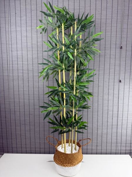 Bahçem Dekoratif Yapay Yapraklı 130cm 5 Gövde Katlanır Natural-Beyaz Hasır Bambu Sepetli Bambu Ağacı