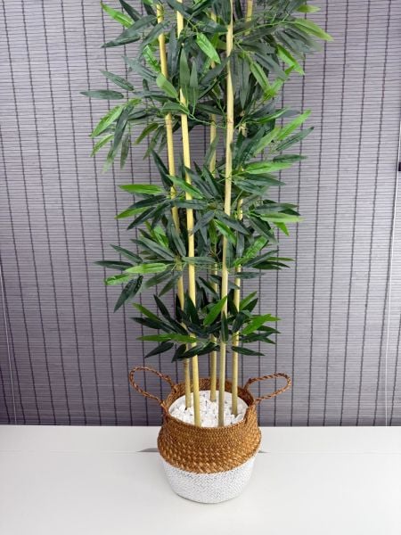 Bahçem Dekoratif Yapay Yapraklı 130cm 5 Gövde Katlanır Natural-Beyaz Hasır Bambu Sepetli Bambu Ağacı