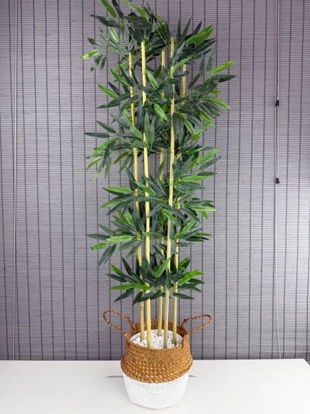 Bahçem Dekoratif Yapay Yapraklı 130cm 5 Gövde Katlanır Natural-Beyaz Hasır Bambu Sepetli Bambu Ağacı