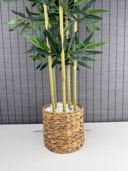 Bahçem Dekoratif Hasır Su Sümbülü Saksılı Yapay Yoğun Yapraklı Dekoratif Bambu Ağacı 5 Gövde 130cm