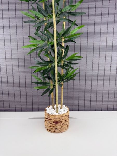 Bahçem Dekoratif Hasır Su Sümbülü Saksılı Yapay Yapraklı Dekoratif Bambu Ağacı 3 Gövde 100cm