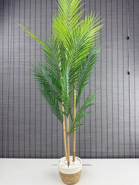 Bahçem Dekoratif Yapay Yapraklı Hasır Sea Grass/Beyaz Koton Saksılı Areka Palmiye Ağacı 3 Gövde 120cm