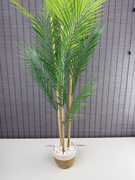 Bahçem Dekoratif Yapay Yapraklı Hasır Sea Grass/Beyaz Koton Saksılı Areka Palmiye Ağacı 3 Gövde 120cm