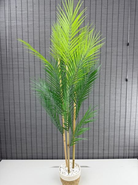 Bahçem Dekoratif Yapay Yapraklı Hasır Sea Grass/Beyaz Koton Saksılı Areka Palmiye Ağacı 3 Gövde 120cm