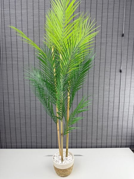 Bahçem Dekoratif Yapay Yapraklı Hasır Sea Grass/Beyaz Koton Saksılı Areka Palmiye Ağacı 3 Gövde 120cm