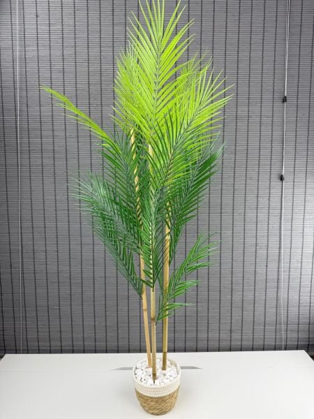 Bahçem Dekoratif Yapay Yapraklı Hasır Sea Grass/Beyaz Koton Saksılı Areka Palmiye Ağacı 3 Gövde 120cm