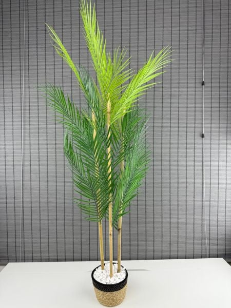 Bahçem Dekoratif Yapay Yapraklı Hasır Sea Grass/Siyah Koton Saksılı Areka Palmiye Ağacı 3 Gövde 120cm