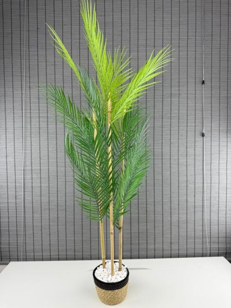 Bahçem Dekoratif Yapay Yapraklı Hasır Sea Grass/Siyah Koton Saksılı Areka Palmiye Ağacı 3 Gövde 120cm