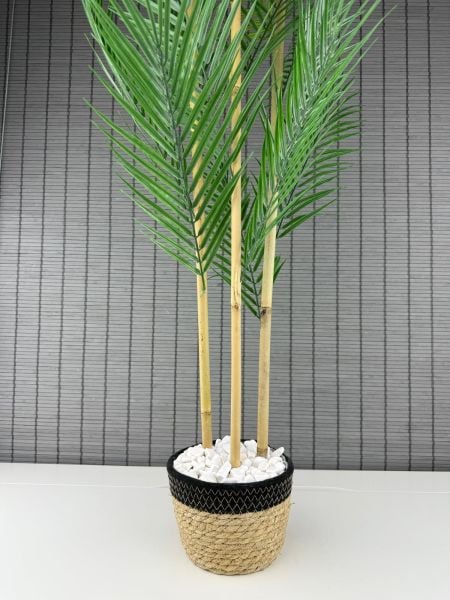 Bahçem Dekoratif Yapay Yapraklı Hasır Sea Grass/Siyah Koton Saksılı Areka Palmiye Ağacı 3 Gövde 120cm