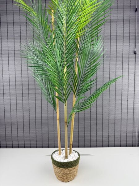 Bahçem Dekoratif Yapay Yapraklı Hasır Sea Grass/Yeşil Koton Saksılı Areka Palmiye Ağacı 3 Gövde 120cm