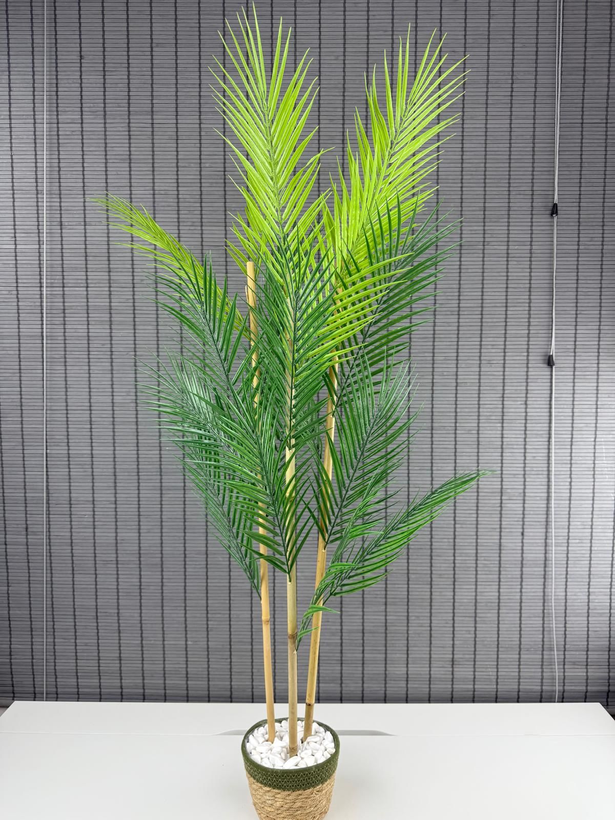 Bahçem Dekoratif Yapay Yapraklı Hasır Sea Grass/Yeşil Koton Saksılı Areka Palmiye Ağacı 3 Gövde 120cm