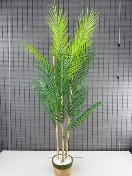 Bahçem Dekoratif Yapay Yapraklı Hasır Sea Grass/Yeşil Koton Saksılı Areka Palmiye Ağacı 3 Gövde 120cm
