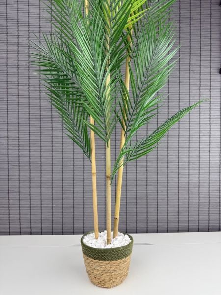 Bahçem Dekoratif Yapay Yapraklı Hasır Sea Grass/Yeşil Koton Saksılı Areka Palmiye Ağacı 3 Gövde 120cm