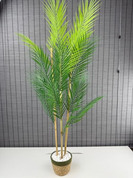 Bahçem Dekoratif Yapay Yapraklı Hasır Sea Grass/Yeşil Koton Saksılı Areka Palmiye Ağacı 3 Gövde 120cm