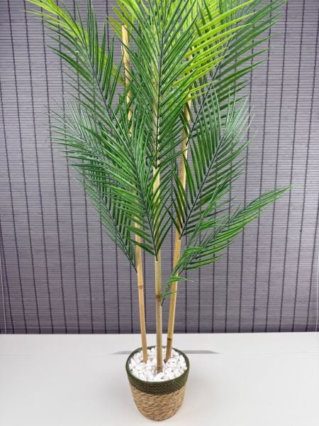 Bahçem Dekoratif Yapay Yapraklı Hasır Sea Grass/Yeşil Koton Saksılı Areka Palmiye Ağacı 3 Gövde 120cm