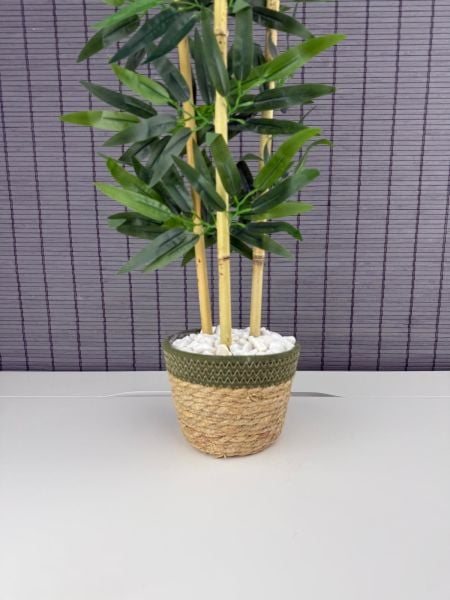 Bahçem Dekoratif Yapay Yapraklı Hasır Sea Grass/Yeşil Koton Saksılı 3 Gövde Bambu Ağacı 90 Cm