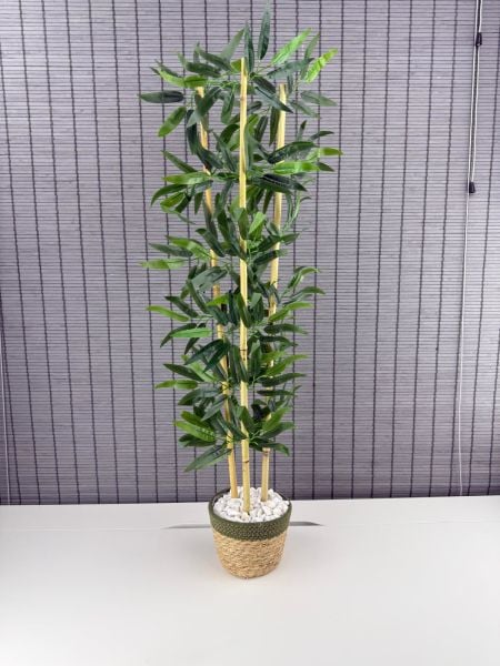 Bahçem Dekoratif Yapay Yapraklı Hasır Sea Grass/Yeşil Koton Saksılı 3 Gövde Bambu Ağacı 90 Cm