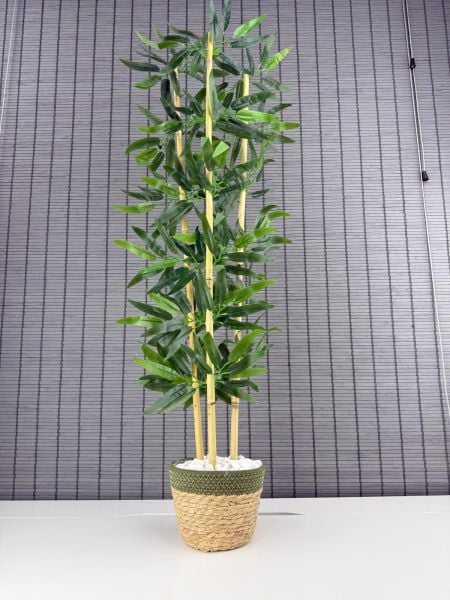 Bahçem Dekoratif Yapay Yapraklı Hasır Sea Grass/Yeşil Koton Saksılı 3 Gövde Bambu Ağacı 90 Cm