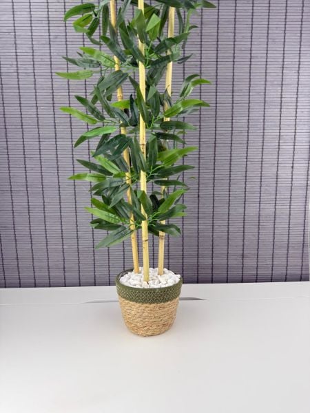 Bahçem Dekoratif Yapay Yapraklı Hasır Sea Grass/Yeşil Koton Saksılı 3 Gövde Bambu Ağacı 90 Cm