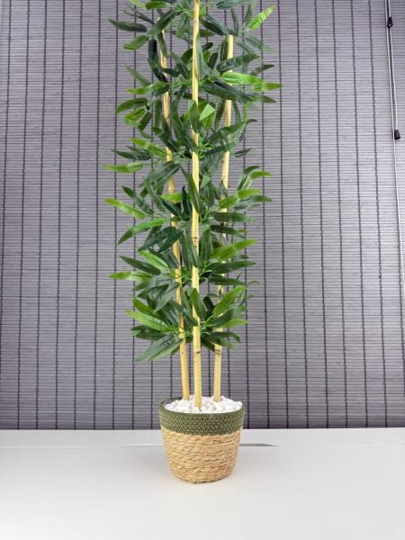 Bahçem Dekoratif Yapay Yapraklı Hasır Sea Grass/Yeşil Koton Saksılı 3 Gövde Bambu Ağacı 90 Cm