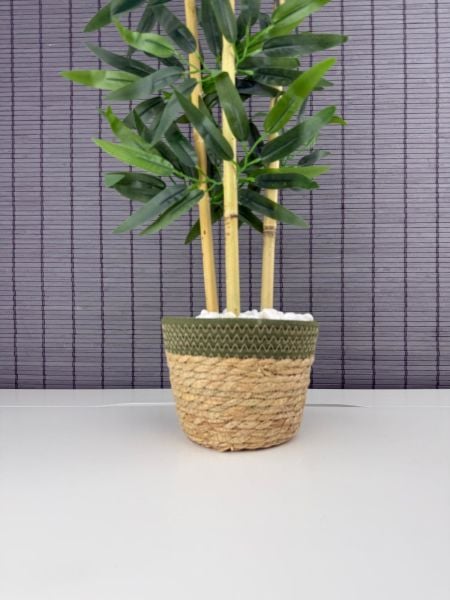 Bahçem Dekoratif Yapay Yapraklı Hasır Sea Grass/Yeşil Koton Saksılı 3 Gövde Bambu Ağacı 90 Cm