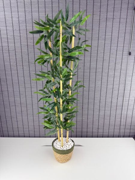 Bahçem Dekoratif Yapay Yapraklı Hasır Sea Grass/Yeşil Koton Saksılı 3 Gövde Bambu Ağacı 90 Cm