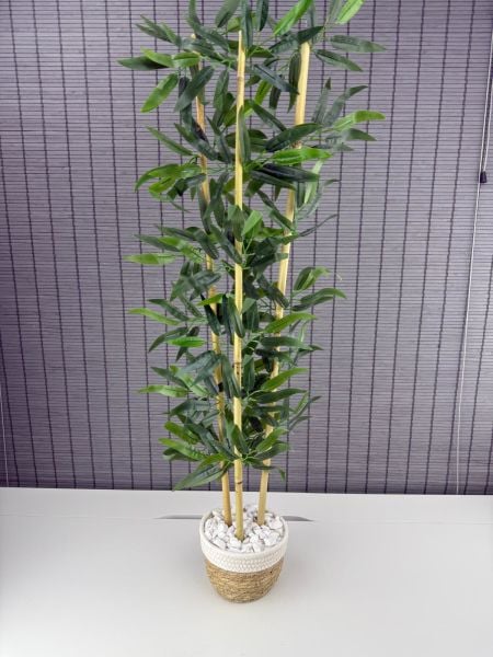 Bahçem Dekoratif Yapay Yapraklı Hasır Sea Grass/Beyaz Koton Saksılı 3 Gövde Bambu Ağacı 90 Cm