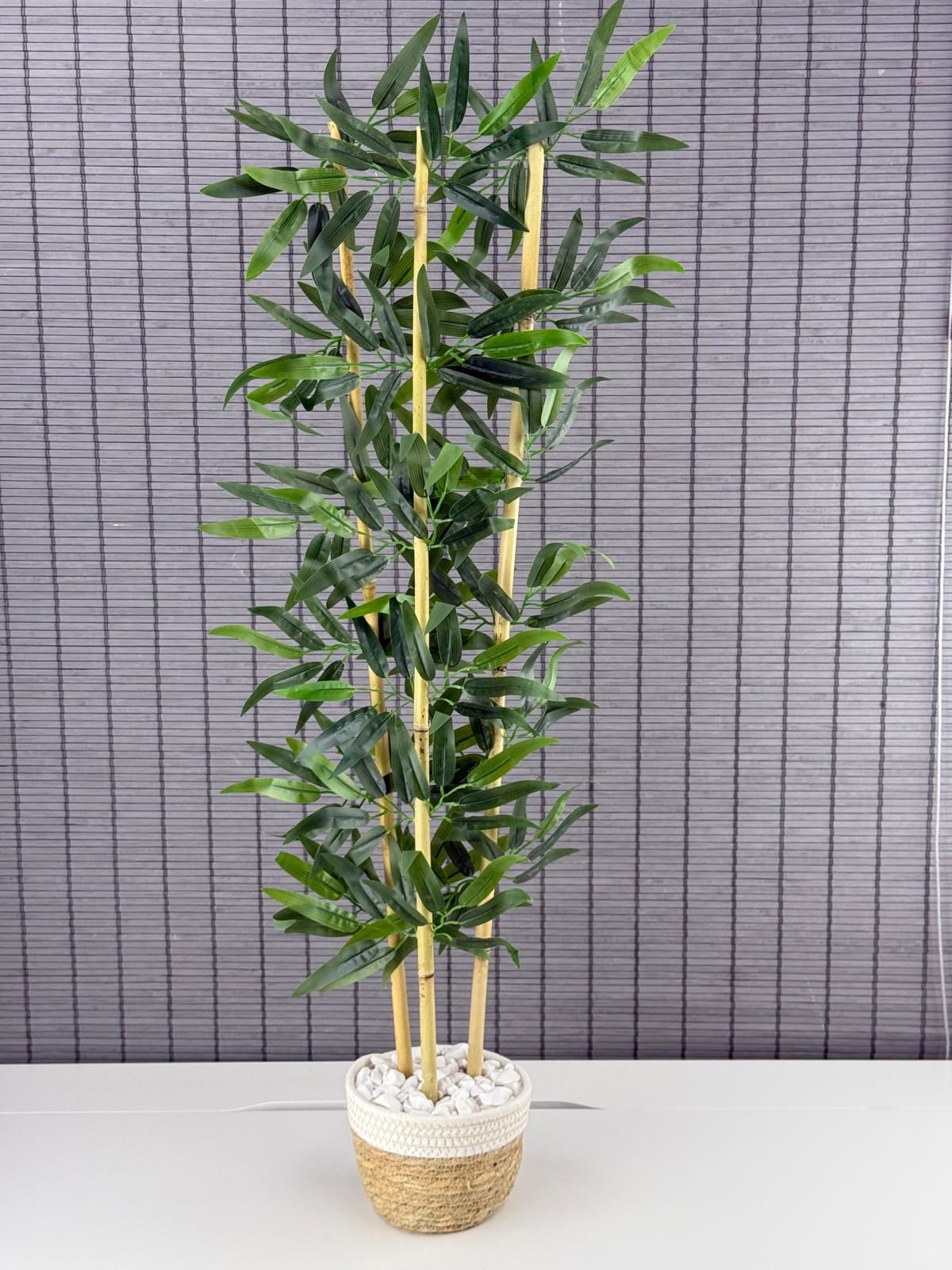 Bahçem Dekoratif Yapay Yapraklı Hasır Sea Grass/Beyaz Koton Saksılı 3 Gövde Bambu Ağacı 90 Cm