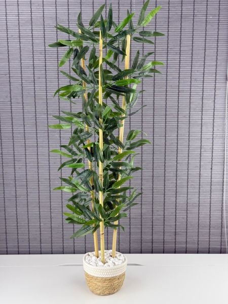 Bahçem Dekoratif Yapay Yapraklı Hasır Sea Grass/Beyaz Koton Saksılı 3 Gövde Bambu Ağacı 90 Cm