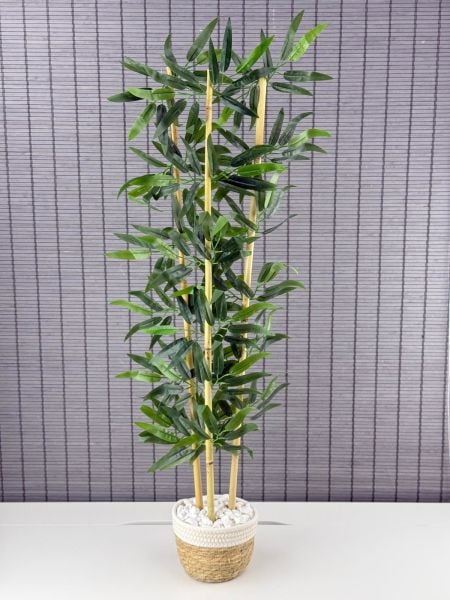 Bahçem Dekoratif Yapay Yapraklı Hasır Sea Grass/Beyaz Koton Saksılı 3 Gövde Bambu Ağacı 90 Cm