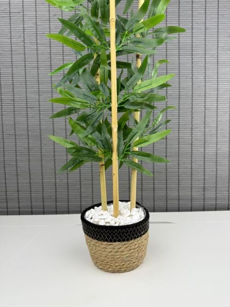 Bahçem Dekoratif Yapay Yapraklı Hasır Sea Grass/Siyah Koton Saksılı 3 Gövde Bambu Ağacı 90 Cm