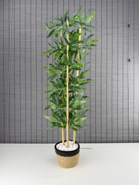 Bahçem Dekoratif Yapay Yapraklı Hasır Sea Grass/Siyah Koton Saksılı 3 Gövde Bambu Ağacı 90 Cm