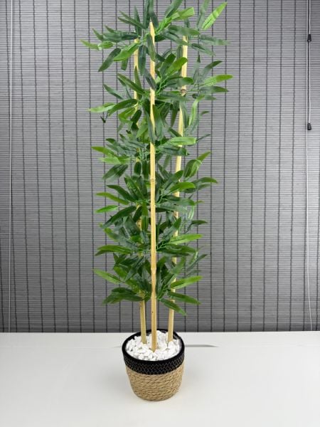 Bahçem Dekoratif Yapay Yapraklı Hasır Sea Grass/Siyah Koton Saksılı 3 Gövde Bambu Ağacı 90 Cm