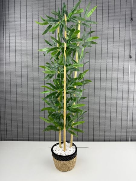 Bahçem Dekoratif Yapay Yapraklı Hasır Sea Grass/Siyah Koton Saksılı 3 Gövde Bambu Ağacı 90 Cm