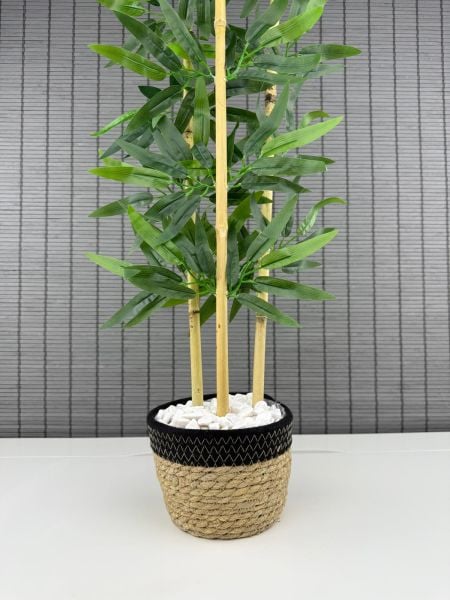 Bahçem Dekoratif Yapay Yapraklı Hasır Sea Grass/Siyah Koton Saksılı 3 Gövde Bambu Ağacı 90 Cm