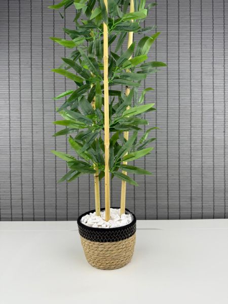 Bahçem Dekoratif Yapay Yapraklı Hasır Sea Grass/Siyah Koton Saksılı 3 Gövde Bambu Ağacı 90 Cm