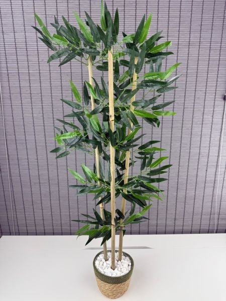 Bahçem Yoğun Yapraklı Dekoratif Bambu Ağacı Hasır Sea Grass/Yeşil Koton Saksılı 3 Gövde 100cm
