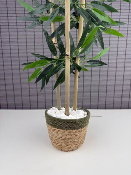 Bahçem Yoğun Yapraklı Dekoratif Bambu Ağacı Hasır Sea Grass/Yeşil Koton Saksılı 3 Gövde 100cm