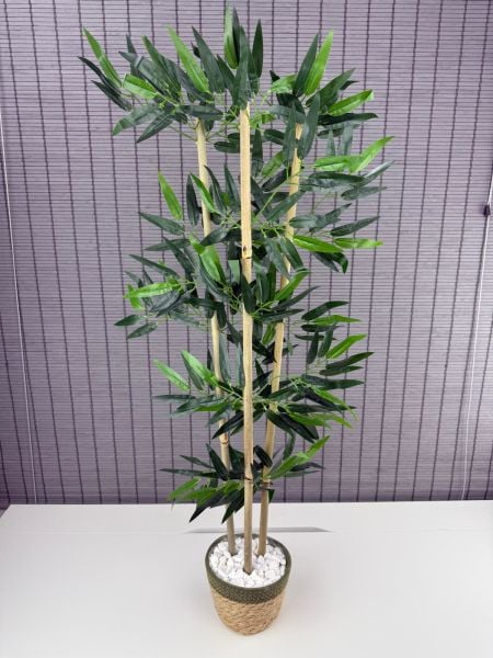Bahçem Yoğun Yapraklı Dekoratif Bambu Ağacı Hasır Sea Grass/Yeşil Koton Saksılı 3 Gövde 100cm