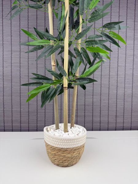 Bahçem Yoğun Yapraklı Dekoratif Bambu Ağacı Hasır Sea Grass/Beyaz Koton Saksılı 3 Gövde 100cm